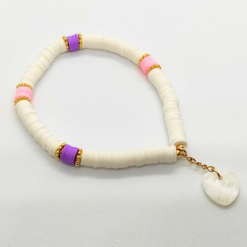 Bracelet élastique perles heishi rondelles polymère et coeur en nacre véritable taille personnalisée  - idée cadeau femme fête des mè