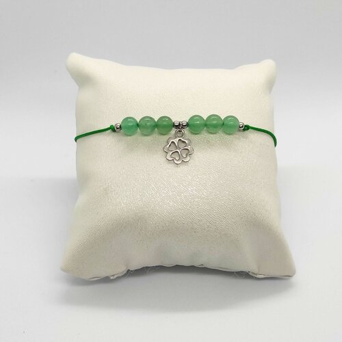Bracelet cordon vert réglable homme femme pierres naturelles aventurine perles 6 mm breloque trèfle