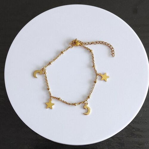 Bijou bracelet minimaliste réglable chaîne fine satellite breloques lune étoile acier inoxydable doré