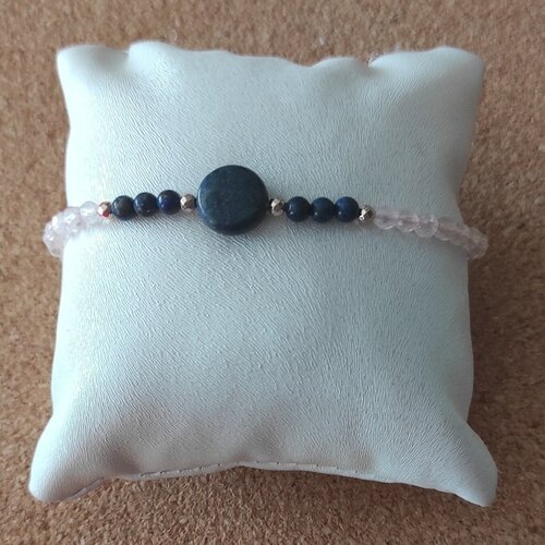 Bracelet cordon réglable gemmes pierres naturelles  lapis lazuli quartz rose