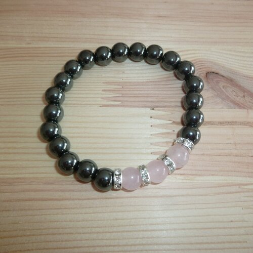 Bracelet élastique femme pierres naturelles hématite quartz rose 8 mm