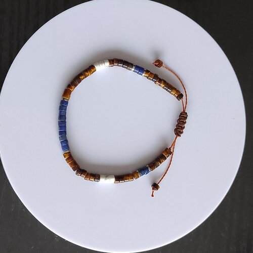 Bracelet cordon réglable gemmes pierres naturelles 4 mm oeil de tigre lapis lazuli howlite blanc