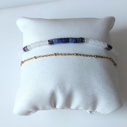 Bracelet double rang réglable pierres naturelles perles 4 mm  lapis lazuli jade blanc chaine acier inoxydable doré