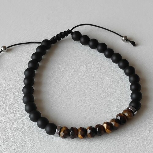 Bracelet cordon  réglable gemmes pierres naturelles oeil de tigre onyx noir mat