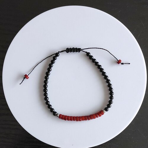 Bracelet cordon réglable pierres naturelles heishi onyx jaspe rouge