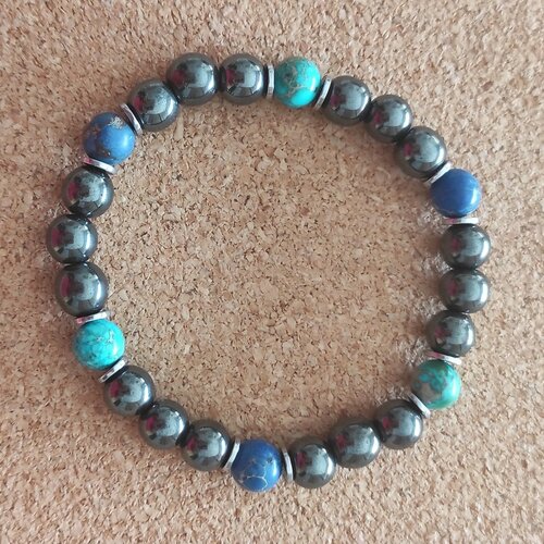 Bracelet élastique perles pierres naturelles hématite jaspe impériale bleu 8 mm