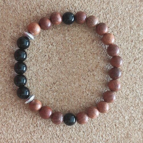 Bracelet élastique pierres naturelles  onyx noir perles bois  8 mm longueur personnalisée