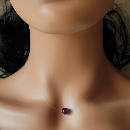 Collier ras du cou fil nylon transparent perle pierre naturelle 8mm améthyste longueur au choix