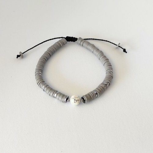 Bracelet perles howlite blanc et perles polymères grises
