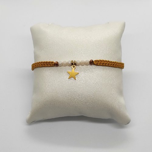 Bracelet tressé réglable perles verre blanc pendentif étoile acier inoxydable doré