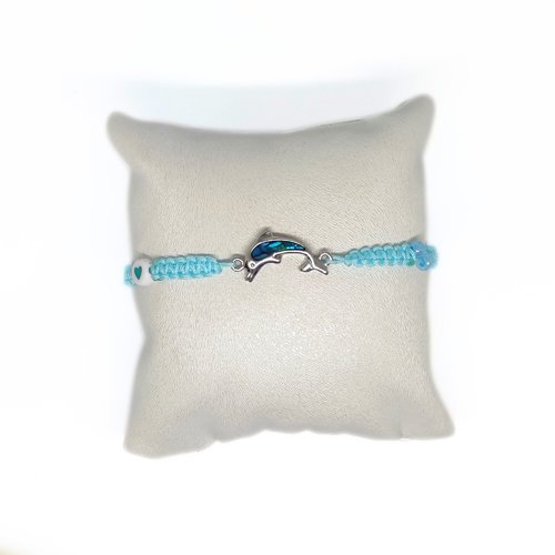 Bracelet cordon tréssé bleu réglable dauphin nacre bleu abalone taille enfant ou adulte