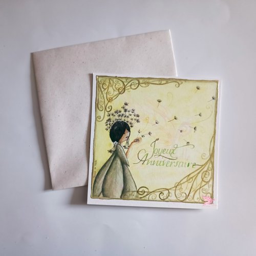 Carte féérique joyeux anniversaire, petit fée pissenlit, dorée en relief à la main