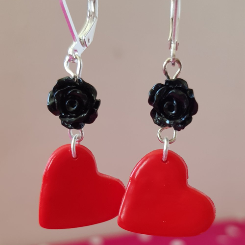 Boucles d'oreilles heart & rose black