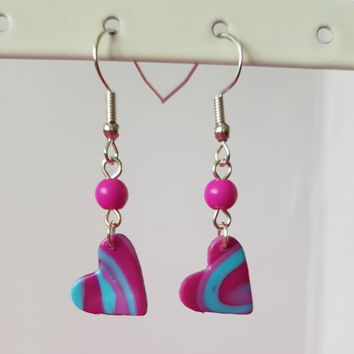 Boucles d'oreilles cœur rose et turquoise