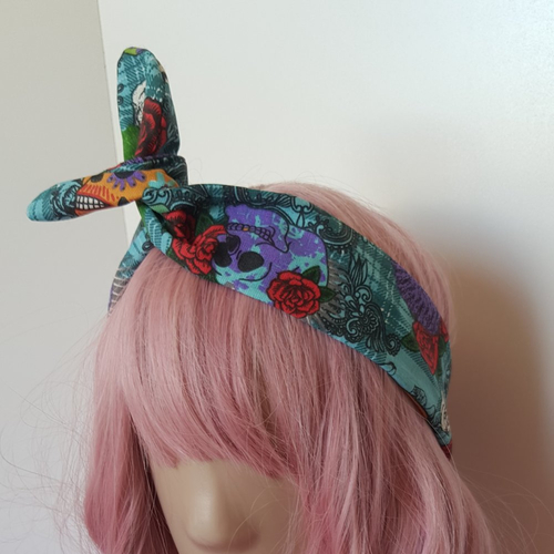 Bandeau à cheveux skull punk & roses bleu