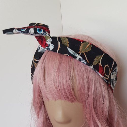 Bandeau à cheveux skull & roses rouges