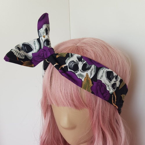 Bandeau à cheveux skull & roses violettes
