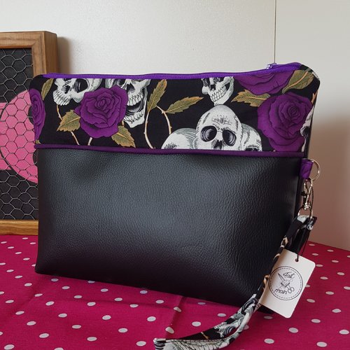 Sac pochette skull & roses violettes