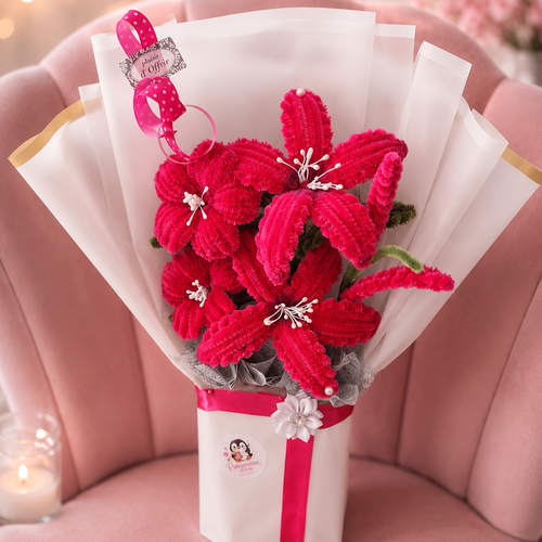 Bouquet de fleurs en fil de chenille tons fuschia