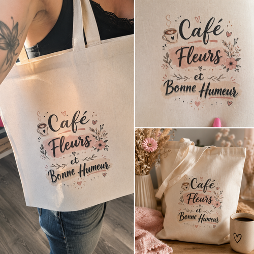 Tote bag café fleurs et bonne humeur