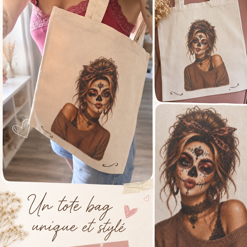 Tote bag illustré – style bohème tête de mort mexicaine