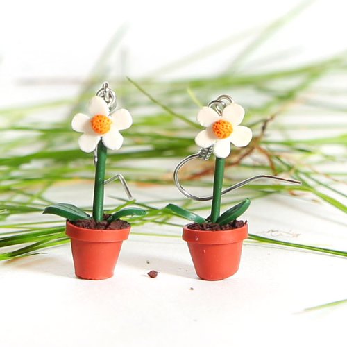 Marguerites en pot  - boucles d'oreilles pendantes