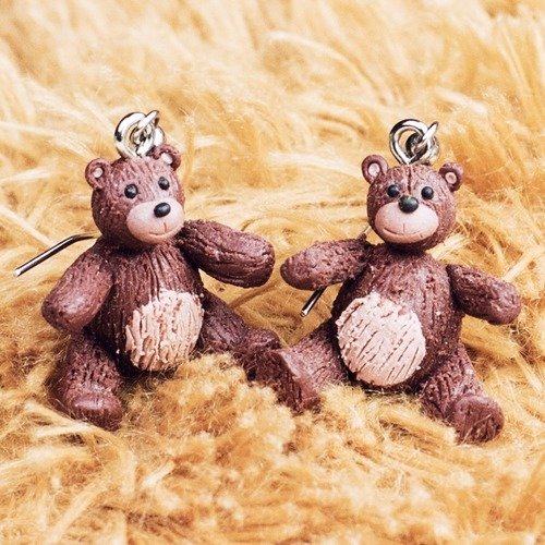 Ours en peluche - boucles d'oreilles pendantes
