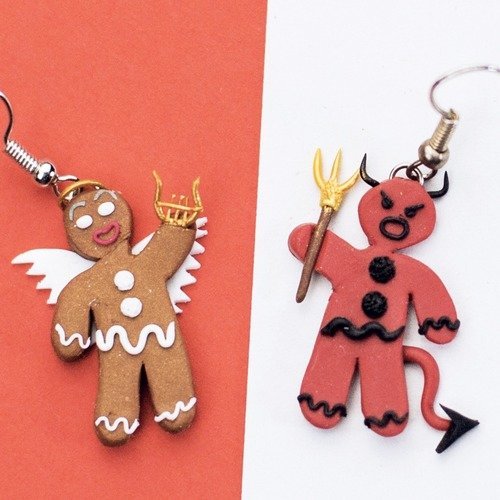 Ange et démon, bonhomme pain d'épice  - boucles d'oreilles pendantes