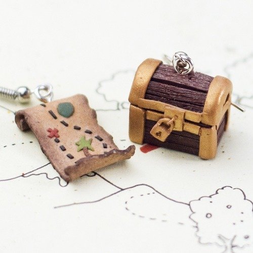 Coffre et carte au trésor  - boucles d'oreilles pendantes