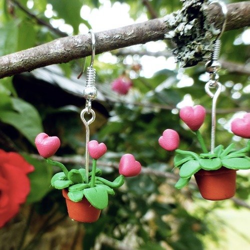 Fleur d'amour en pot  - boucles d'oreilles pendantes