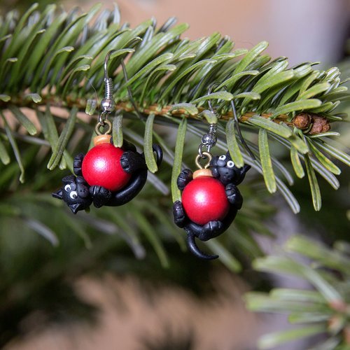 Les chats font la fête  - boucles d'oreilles pendantes [- animal - noël -]
