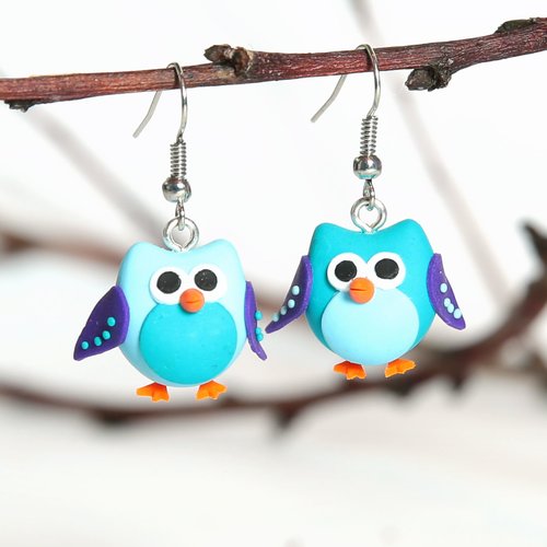 Chouettes, hiboux, bleu - boucles d'oreille 