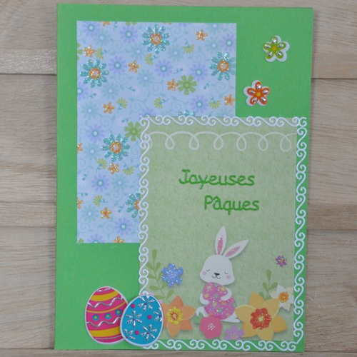 Carte double de joyeuses paques 3lapin fleurs et oeufs"