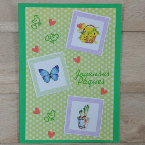 Carte double de paques "papillon,fleurs et coeurs"