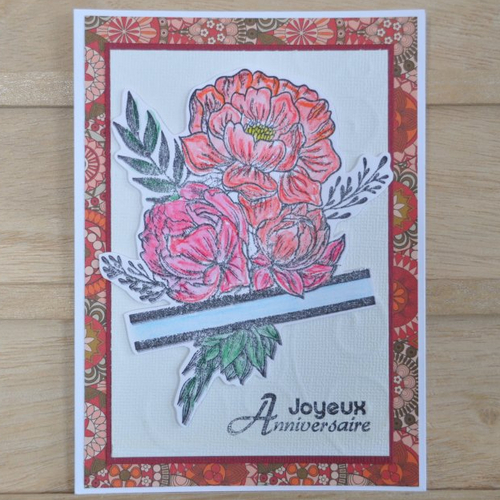 Carte double de joyeux anniversaire "bouquet de fleurs" en relief