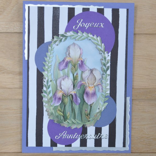 Carte double de joyeux anniversaire "iris violets" en 3d