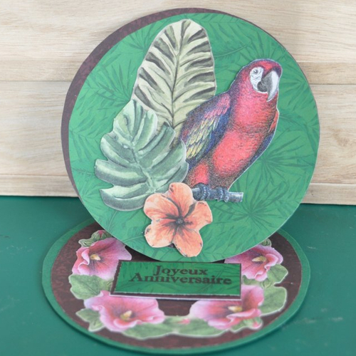 Carte d'anniversaire chevalet en 3d "perroquet et fleurs tropicales