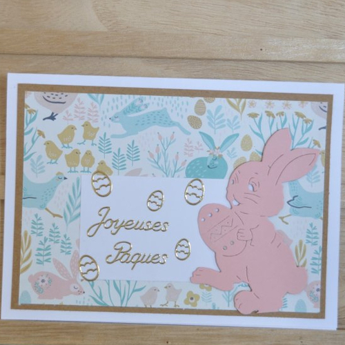 Carte double de joyeuses paques "lapin rose"