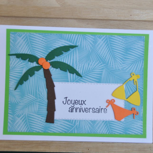 Carte double de joyeux anniversaire "palmier et maillot de bain"