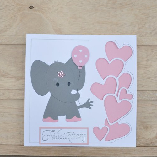 Carte double de felicitations pour naissance,adoption, "petit elephant et son ballon"