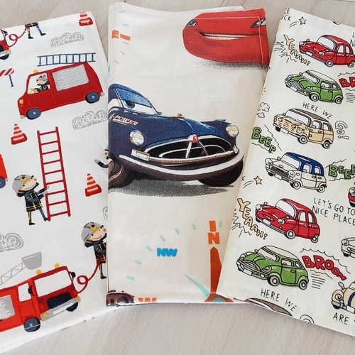 Serviette de table enfant en tissu coton, serviette de cantine ou essuie-main pour enfant pompiers cars petites voitures