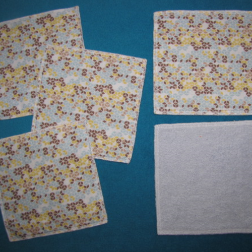 Lot de 5 maxi lingettes lavables ou debarbouillettes 15 x 15 cm coton / éponge motif multiruches