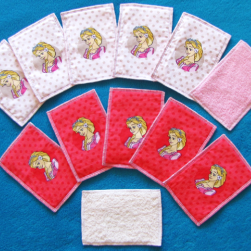 Lot de 12 lingettes lavables rectangle coton/éponge motif princesses