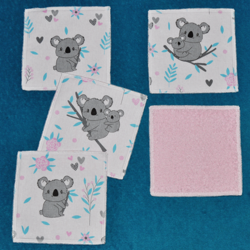 Lot de 5 maxi lingettes lavables ou debarbouillettes 15 x 15 cm coton / éponge motif koalas
