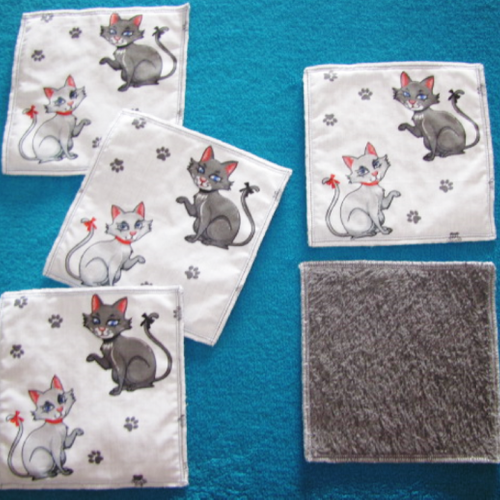 Lot de 5 maxi lingettes lavables ou debarbouillettes 15 x 15 cm coton / éponge motif chats