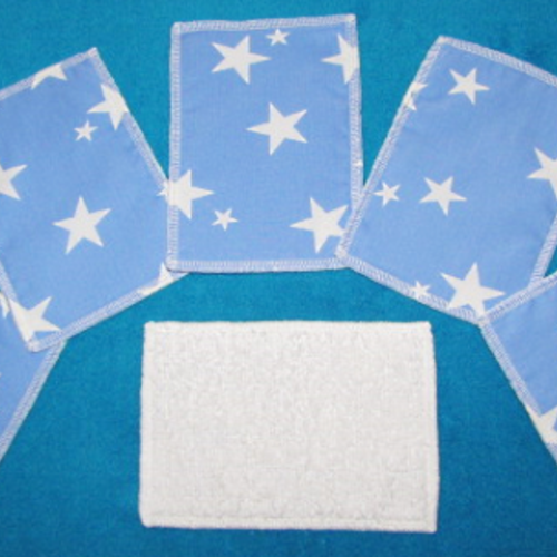 Lot de 12 lingettes lavables rectangle coton/éponge motif etoiles (fond bleu)