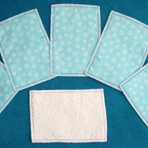 Lot de 12 lingettes lavables rectangle coton/éponge motif petites etoiles fond bleu