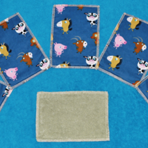 Lot de 12 lingettes lavables rectangle coton/éponge motif animaux de la ferme (fond bleu)