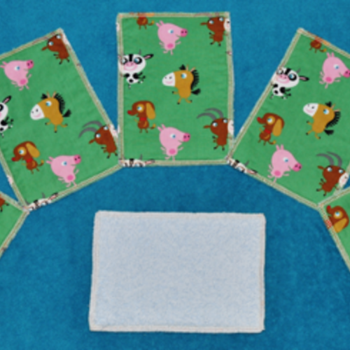 Lot de 12 lingettes lavables rectangle coton/éponge motif animaux de la ferme (fond vert)