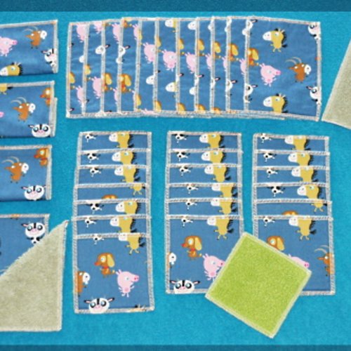 Kit découverte lingettes lavables pour bébé motif animaux (fond bleu foncé) (zéro déchets)